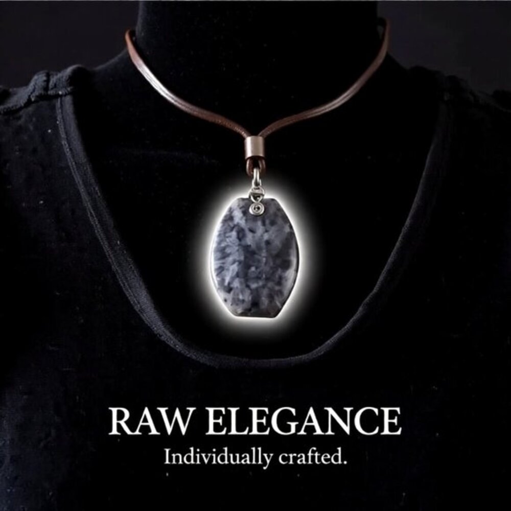 Minimalist Larvikite Pendant on Rawhide Leather Cord - Unisex - Black & Grey